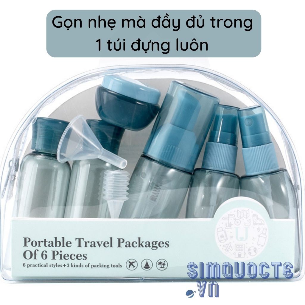 [6 món] Bộ chiết mỹ phẩm dầu gội sữa tắm thiết kế sang trọng tiện lợi khi đi du lịch tặng kèm dụng cụ chiết