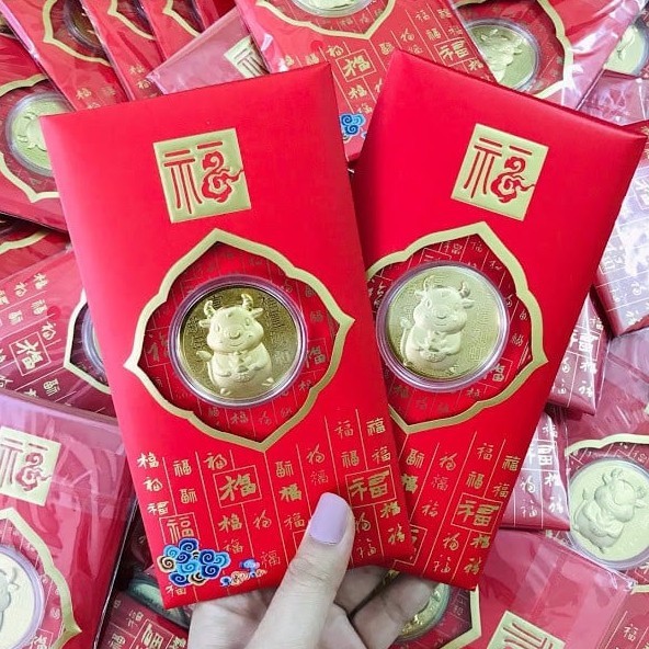 Phong bao lì xì mừng tuổi trâu vàng và thần tài mạ vàng 24k siêu đẹp