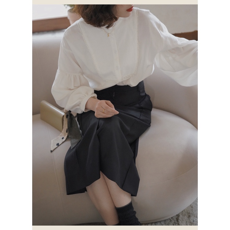 SUXI Áo Sơ Mi Tay Dài Phồng Cổ Tròn Màu Sắc Trơn Phong Cách Vintage Dành Cho Nữ