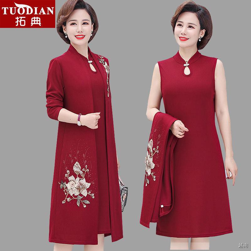 ∋Váy đầm xuân nữ trung niên qua đầu gối 2021 new size lớn cho người và cao tuổi sườn xám mùa thu