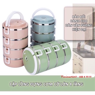Hộp Đựng Cơm Văn Phòng Giữ Nhiệt 4 Tầng, Cặp Lồng Đựng Cơm Bằng Lúa Mạch Lõi Inox Cao Cấp Tiện Dụng