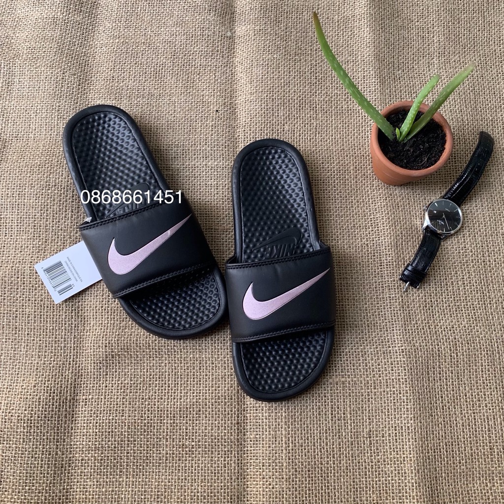 (tặng hộp freeship) dép nike-quai ngang màu đen cho nam nữ