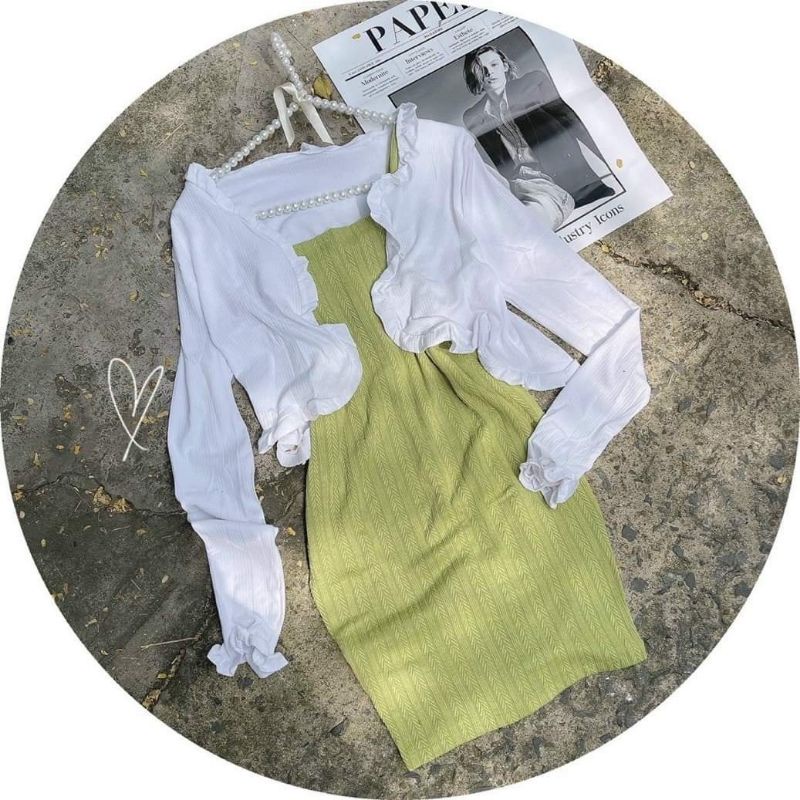 ĐẦM 2S BODY LEN XANH CHUỐI KÈM KHOÁC CROP TRẮNG