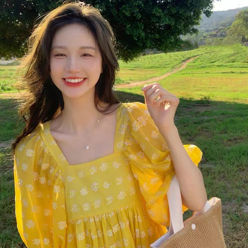 Đầm baby doll hoa cúc vàng dễ thương kèm feedback thật