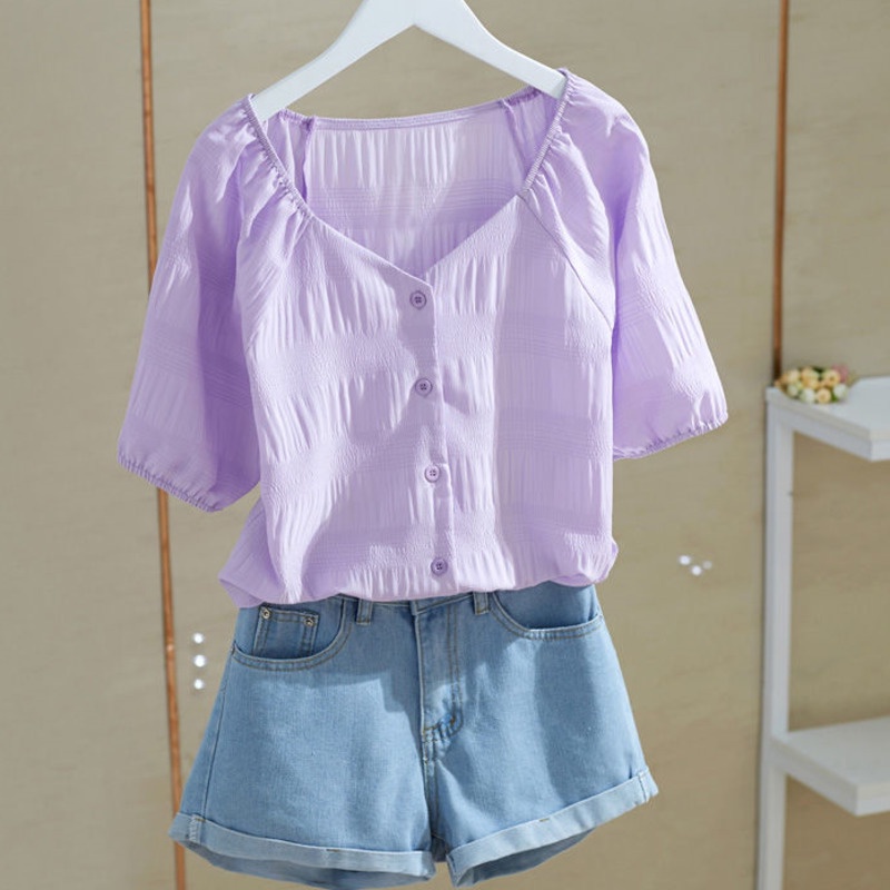 Áo Sơ Mi Trơn Ngắn Tay S-3xl 164524 Áo Sơ Mi Cổ Chữ v Dáng Rộng Xếp Ly Thời Trang