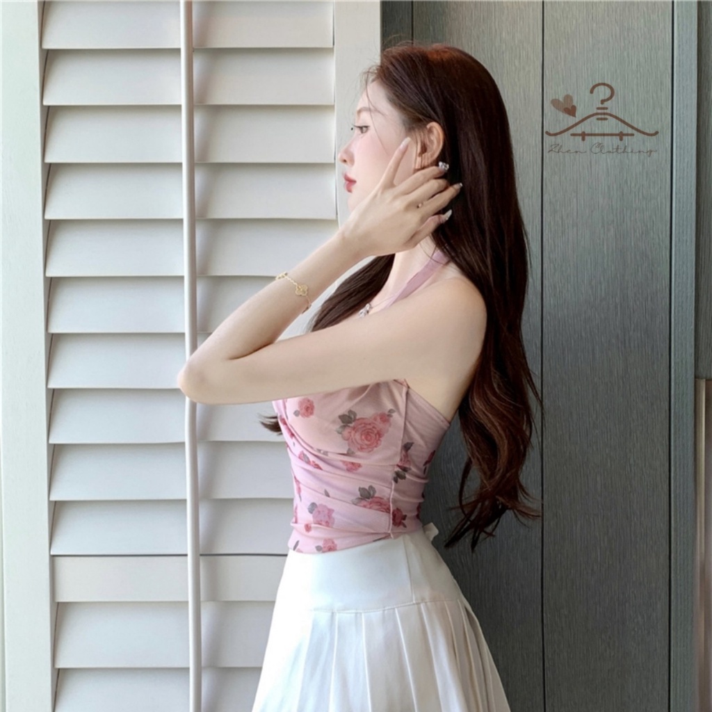 Áo croptop cổ yếm hoạ tiết hoa hồng sexy , hot trend phong cách Hàn Quốc