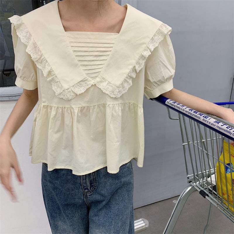 Áo Sơ Mi Tay Ngắn Dáng Rộng Cổ Búp Bê Phong Cách Hàn Quốc Thời Trang Mùa Hè Xinh Xắn Cho Nữ