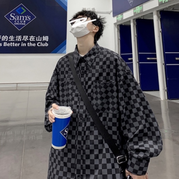 Áo khoác sơ mi tay dài kẻ ô bàn cờ Nhật Bản mới dành cho nam