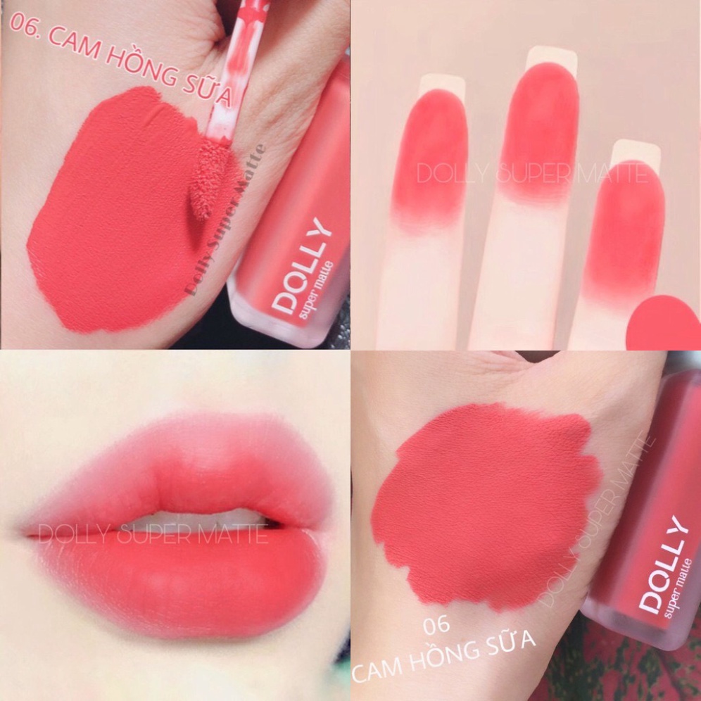 Son kem lì màu Cam Hồng Sữa Dolly super matte, son kem lì không chì bền màu lâu trôi