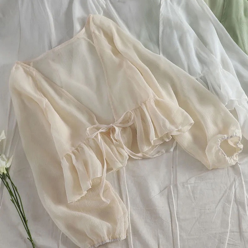 Áo sơ mi chiffon IELGY dáng ngắn tay dài có dây buộc diềm xếp nếp độc lạ cho nữ