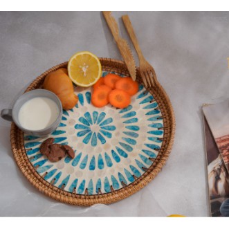 Khay TRòn Khảm trai MIX Mây tre Đan hoa văn bắt mắt