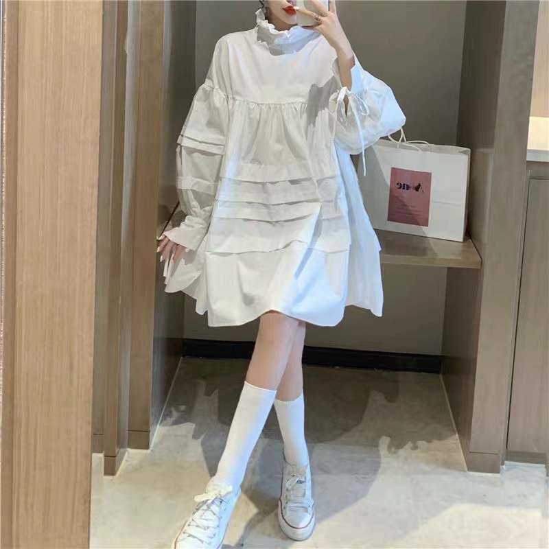 Đầm sơ mi babydoll cổ lọ bèo tay thắt nơ [ Hàng order ]