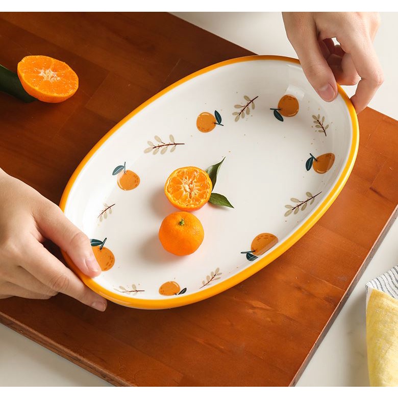 Bộ bát đĩa nồi úp mì cốc sứ tráng men họa tiết quả cam