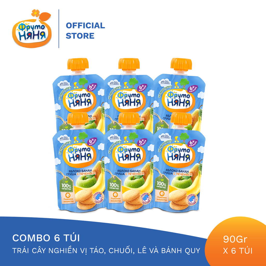 Combo 6 Gói Trái cây nghiền vị táo, chuối, lê và bánh quy Fruto Nyanya 90g/gói