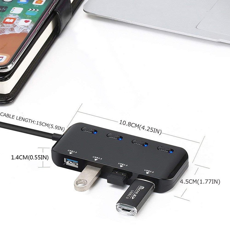 Bộ chuyển đổi từ Typec sang 4 USB 3.0 có công tắc và đèn led Ultraslim kết nối USB chuột bàn phím tay game ổ cứng...