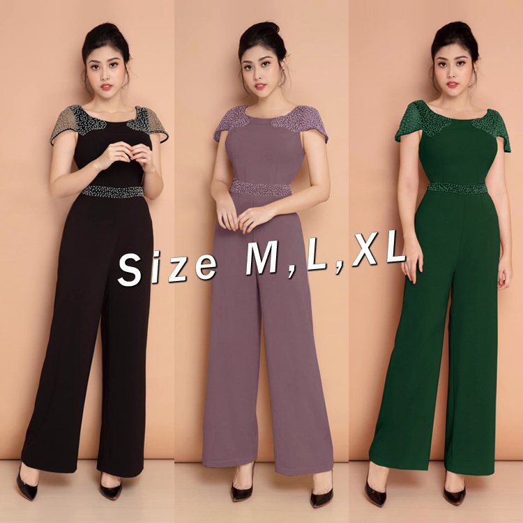 Jumpsuit dài ống suông phối lưới kết hạt thiết kế cao cấp