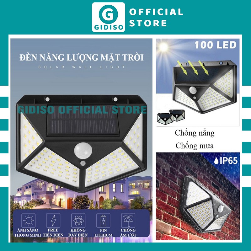 [100 mắt] Đèn LED tự động năng lượng mặt trời GIDISO, đèn LED siêu sáng cảm biến chuyển động, đèn LED vườn