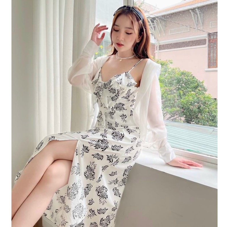 Set đầm váy 2 dây dáng xòe sẻ tà nhẹ kèm áo khoác voan tay dài tinh tế nữ tính dự tiệc dạo phố  XM MINH PHÚC