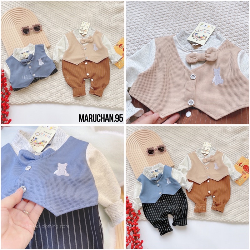 Body công tử nơ cổ phối gile cho bé trai 4-11kg chất liệu vải cotton tổ ong thêu xịn đẹp an toàn mềm mại cho bé