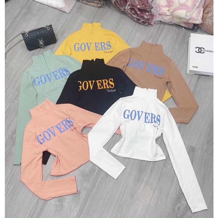 Áo thun body tay dài croptop cổ cao phối khoá kéo in chữ