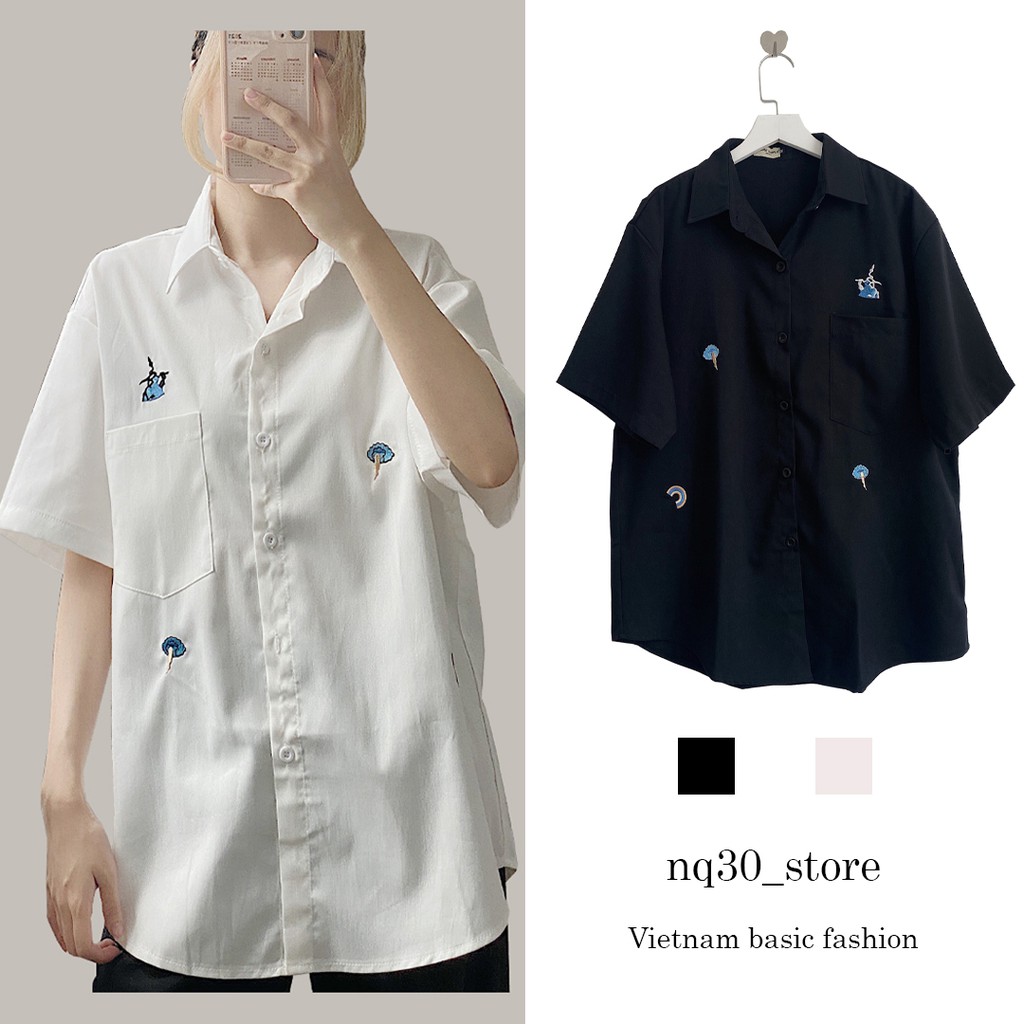 Áo Sơ Mi Tay Lỡ Nữ Thêu Hoạ Tiết BORI Vải Kate Hàn Unisex | BigBuy360 - bigbuy360.vn