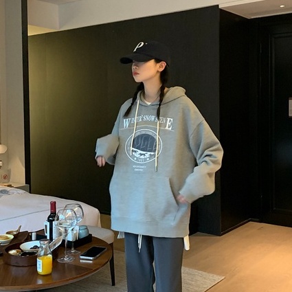 Áo Hoodie Tay Dài Form Rộng Họa Tiết In Theo Phong Cách Preppy Dễ Phối Đồ