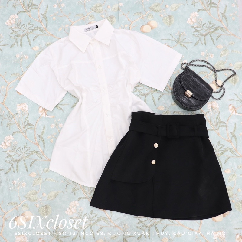 Áo sơ mi trắng cộc tay thiết kế rúm ngực thời trang công sở 6SIX closet