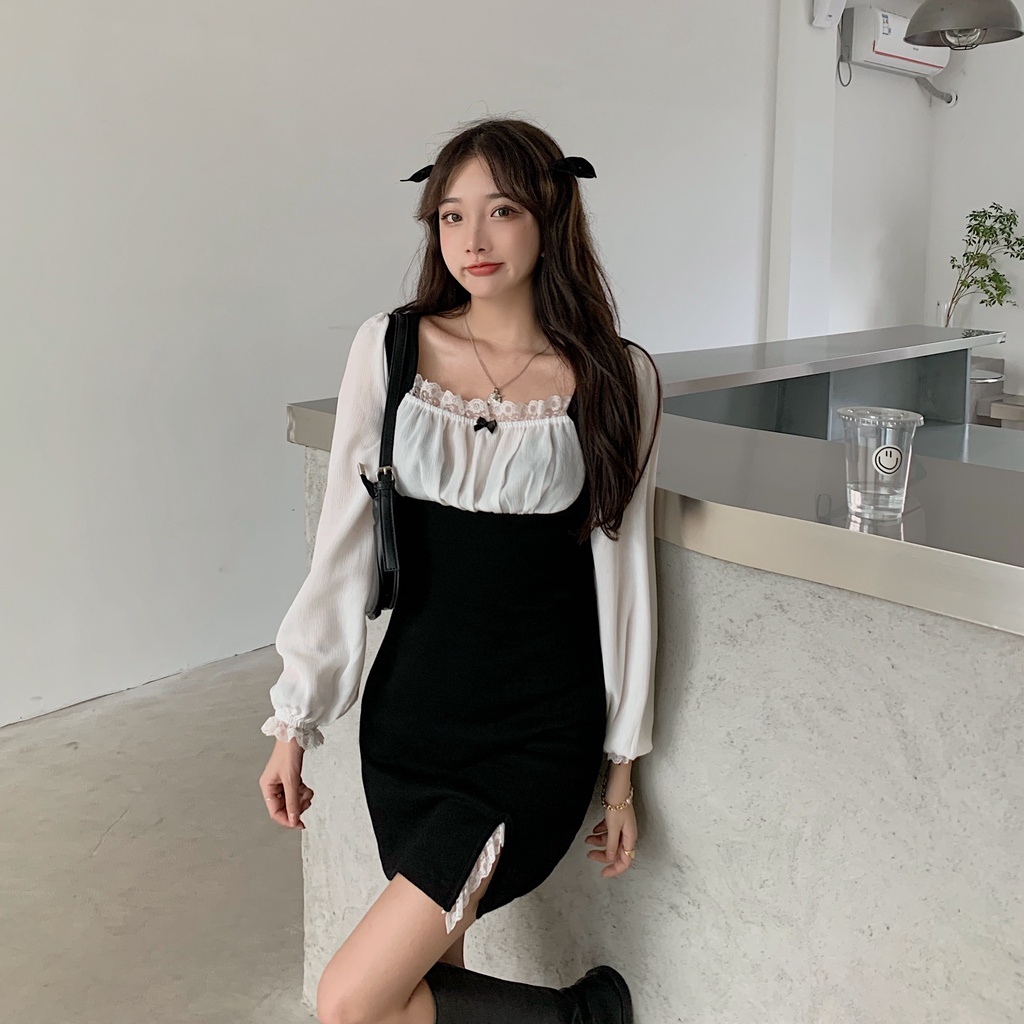 Đầm 2 mảnh dáng ôm xẻ tà tay phồng cổ vuông phối ren tương phản thời trang Pháp cho nữ | BigBuy360 - bigbuy360.vn