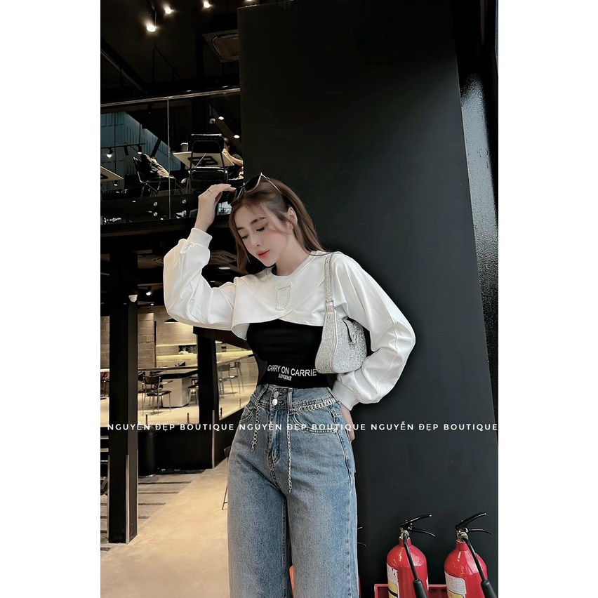 Set áo Phối Xích,Set áo kiểu croptop tay dài,LY STORE