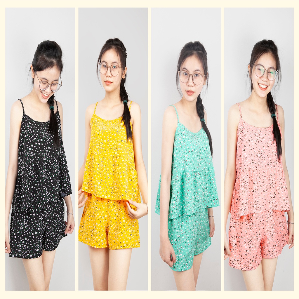 Đồ ngủ hai dây, đồ ngủ dây dễ thương hoa nhí babydoll size 40-60kg