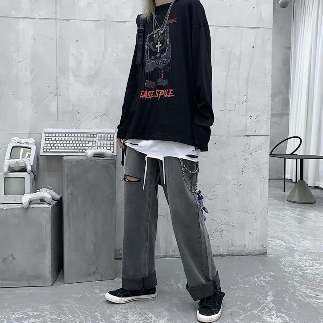 QUẦN BAGGY JEANS ỐNG RỘNG KÈM XÍCH UNISEX NAM NỮ (hình chụp thật)