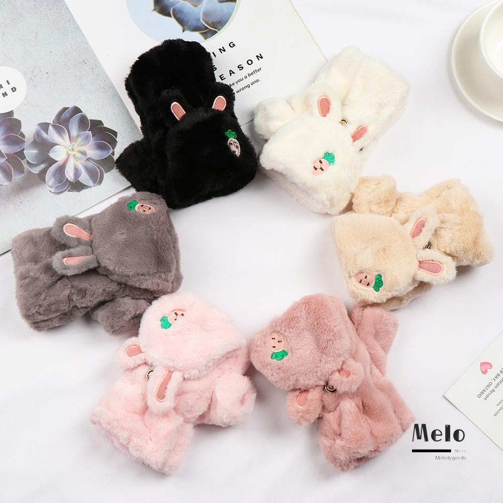 MELODG Women Girls Faux Rabbit Hair Gloves Cute Cat Half finger Warm Mittens Winter Fashion Touch screen Gloves Soft Plush Thick/Multicolor
