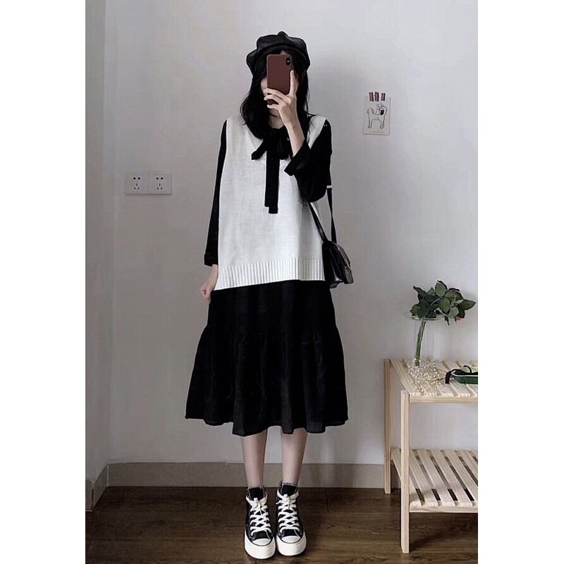 Váy babydoll kèm áo gile, set váy ulzzang dáng dài mix áo gile suông thụng | BigBuy360 - bigbuy360.vn