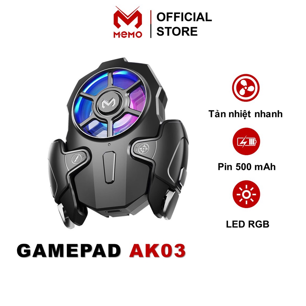 Tay cầm chơi game kèm quạt tản nhiệt MEMO AK03 hỗ trợ Auto tap Led RGB Gaming dành cho điện thoại - Hàng chính hãng