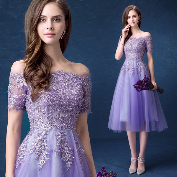 ✚♀Lilac màu tím ngắn cô dâu bánh mì nướng váy tiệc hàng năm tiệc sinh nhật đính hôn sàn catwalk bán buôn váy cưới 299
