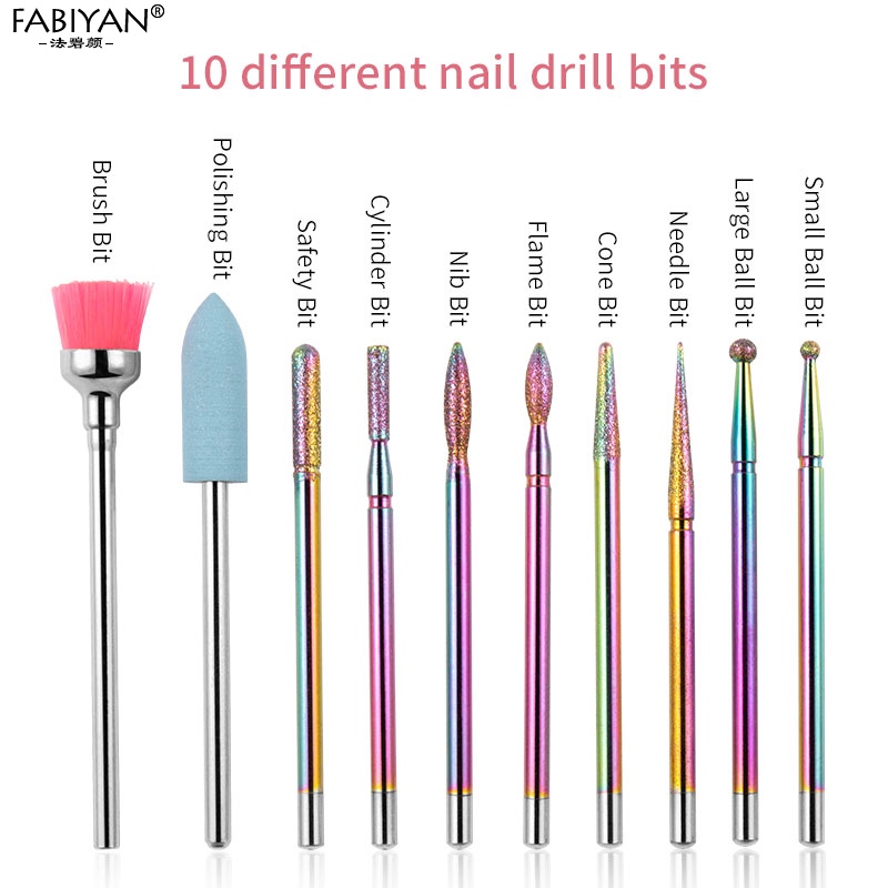 Set 10 đầu mài móng FABIYAN loại bỏ biểu bì và sơn gel UV acrylic cho máy mài điện kèm hộp đựng