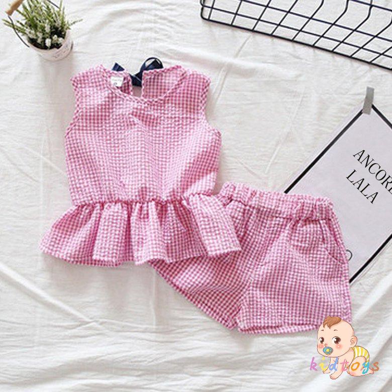 Set Áo Sơ Mi Caro Không Tay &amp; Quần Short Cho Bé Gái