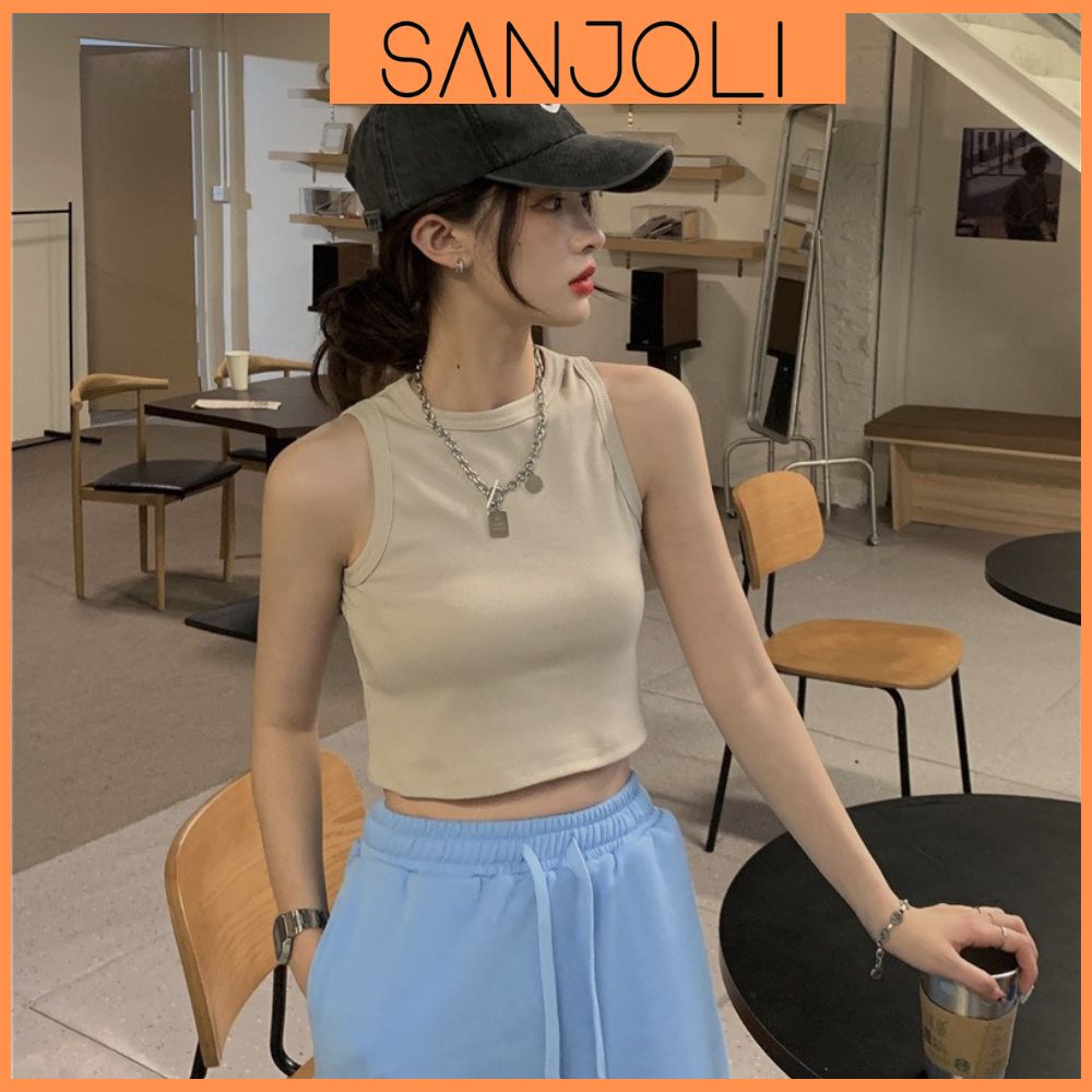 Áo Croptop Sexy SANJOLI Áo Crt 3 Lỗ Thiết Kế Len Gân Phong Cách Âu Mỹ Ôm Body Đẹp Trắng Đen AO013