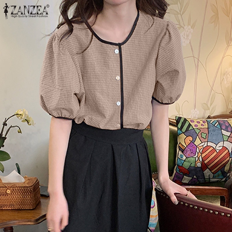 Áo tay lửng cổ tròn ZANZEA màu trơn phong cách Pháp thời trang cho nữ