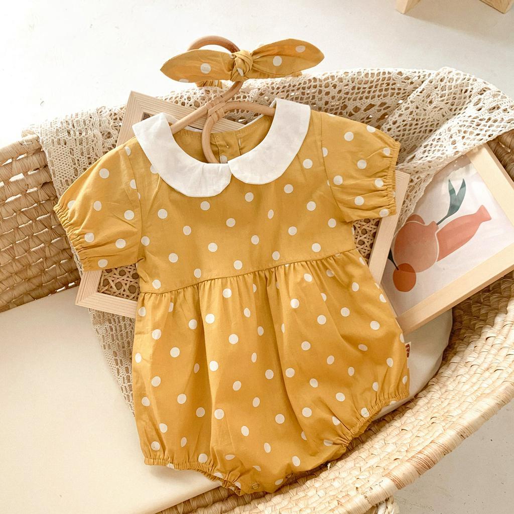 Áo liền quần và băng đô họa tiết chấm bi dễ thương cho bé gái