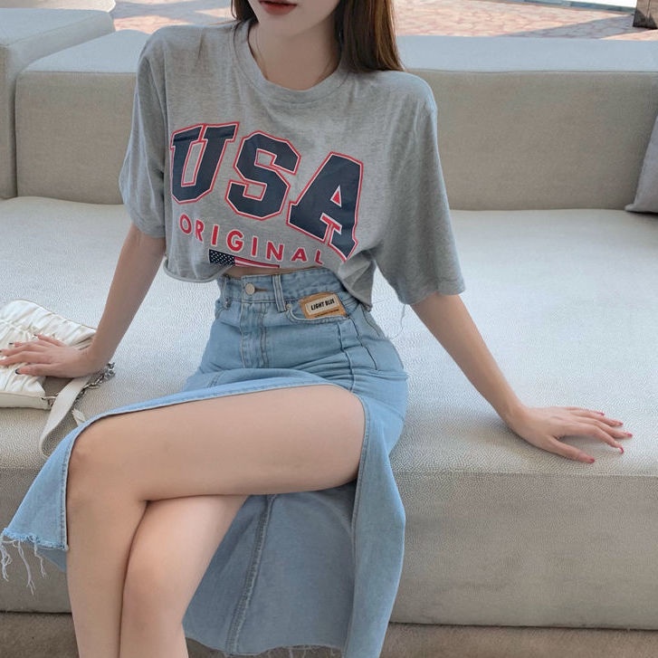 Set Áo Thun Ngắn Tay Và Chân váy jean Xẻ Tà Thời Trang Dành Cho Nữ