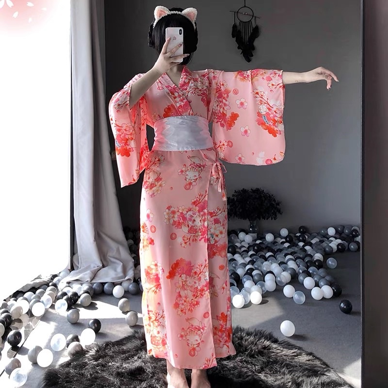 LL1143 Kimono Hoa Đào Dáng Dài - Cosplay Nhật Bản Sexy | BigBuy360 - bigbuy360.vn