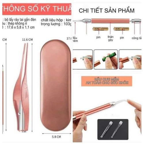 Lấy ráy tai hợp kim, ngoáy tai có đèn cho bé Bộ dụng cụ lấy ráy tai chuyên nghiệp
