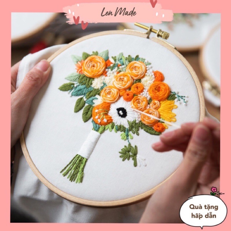 🧶Gói nguyên liệu DIY thêu bó hoa retro đầy đủ vải kim chỉ thủ công tự làm quà tặng lenmade (không kèm khung thêu)🧶