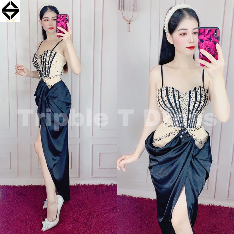 Đầm body lưới 2 dây phối phi thun lụa cao cấp sang trọng kết đá tráng gương tròn TRIPBLE T DRESS - size M/L - MS357V