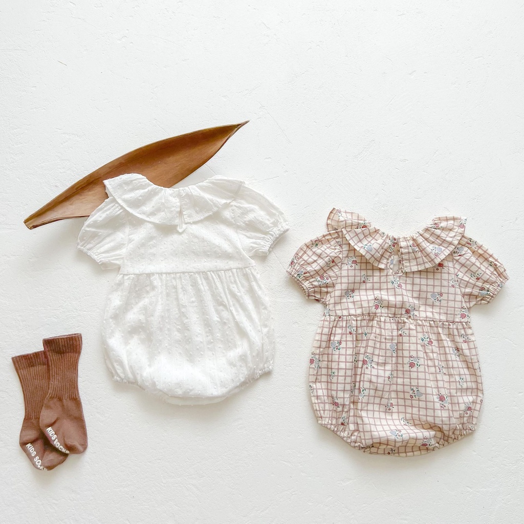 Bộ Áo Liền Quần Cổ Tròn Tay Ngắn Chất Liệu Cotton Phối Ren Hoa Hồng Thời Trang Mùa Hè Cho Bé Gái