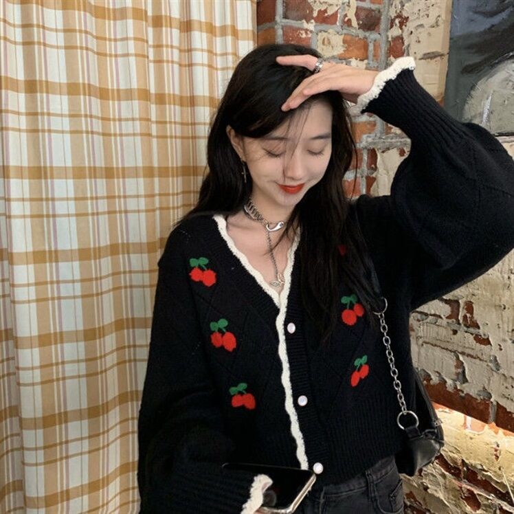 Áo Cardigan dệt kim dài tay cổ chữ V hoạ tiết cherry thiết kế đơn giản