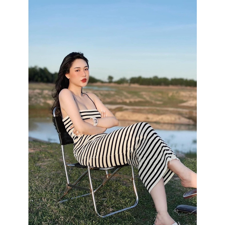 [8.8 Sales Freeship] Đầm nữ thun gân dáng dài, đầm ôm body 2 dây bún kẻ sọc ngang dài qua gối sexy, tôn dáng