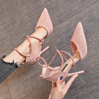 Đôi giày cao gót mũi nhọn quai chéo bằng da lộn phong cách Hàn Quốc cho nữ 2021