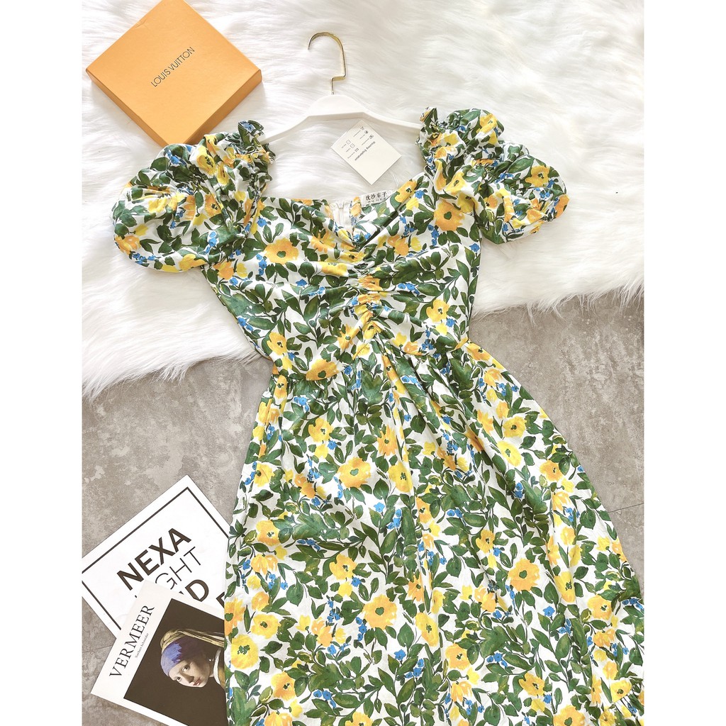 VÁY HOA MAXI XANH(VÀNG) DÚM NGỰC ĐUÔI CÁ | BigBuy360 - bigbuy360.vn